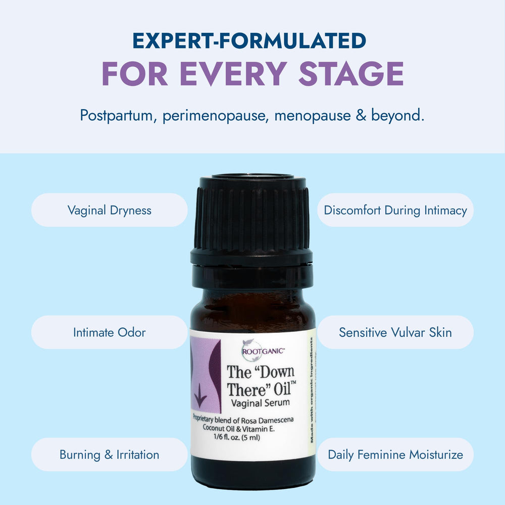 Rootganic Down There Oil label highlights hormone-free 3-ingredient formula.