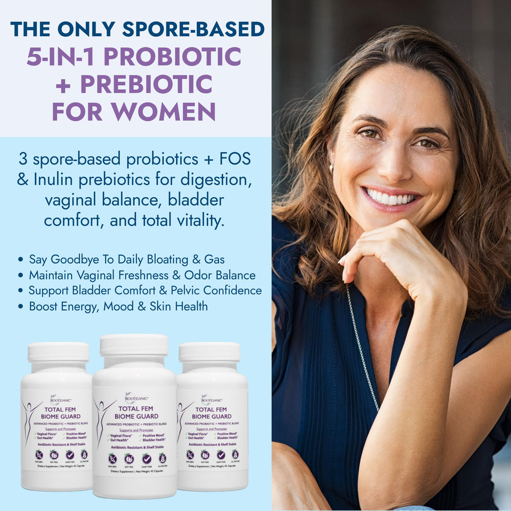 Rootganic Total Fem Biome Guard capsules close-up of spore-based formula