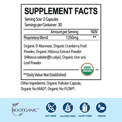 Close-up of Rootganic Total Fem capsules highlighting organic ingredients for urinary comfort.