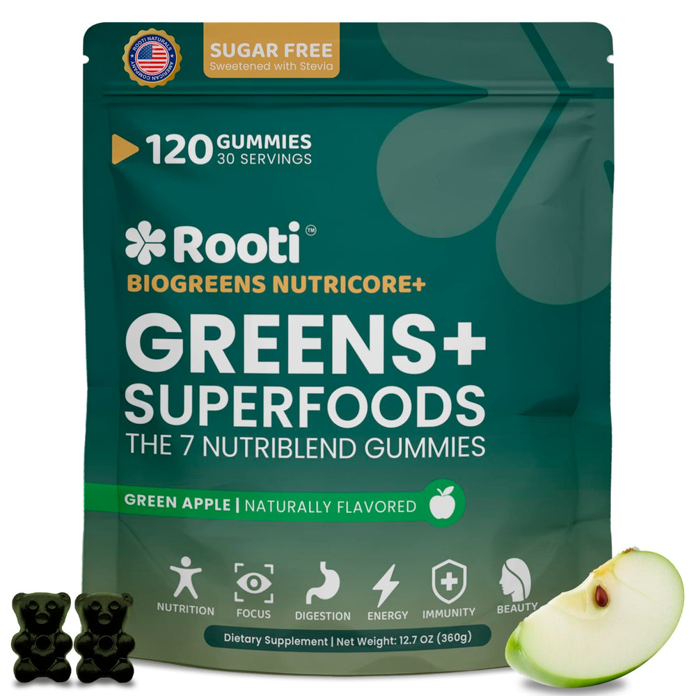 ROOTI Super Greens Gummies bottle front with vibrant label for daily greens