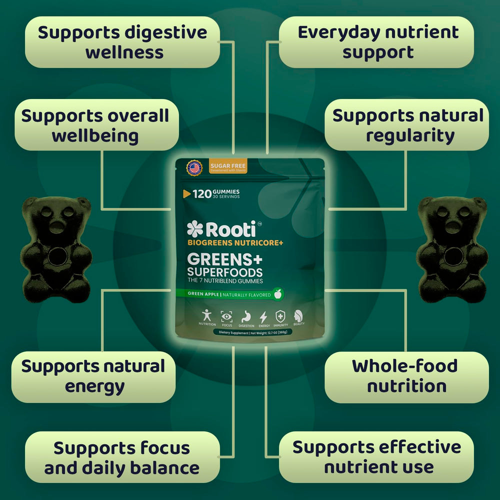 ROOTI Super Greens Gummies fiber blend emphasizing digestive support