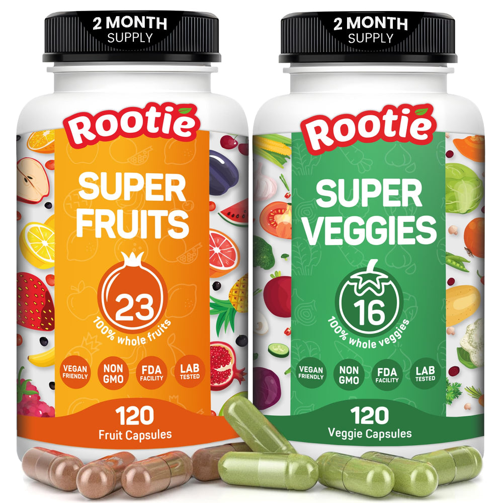 ROOTIE Fruits and Veggies supplement bottle shows the 39-superfood blend for daily energy