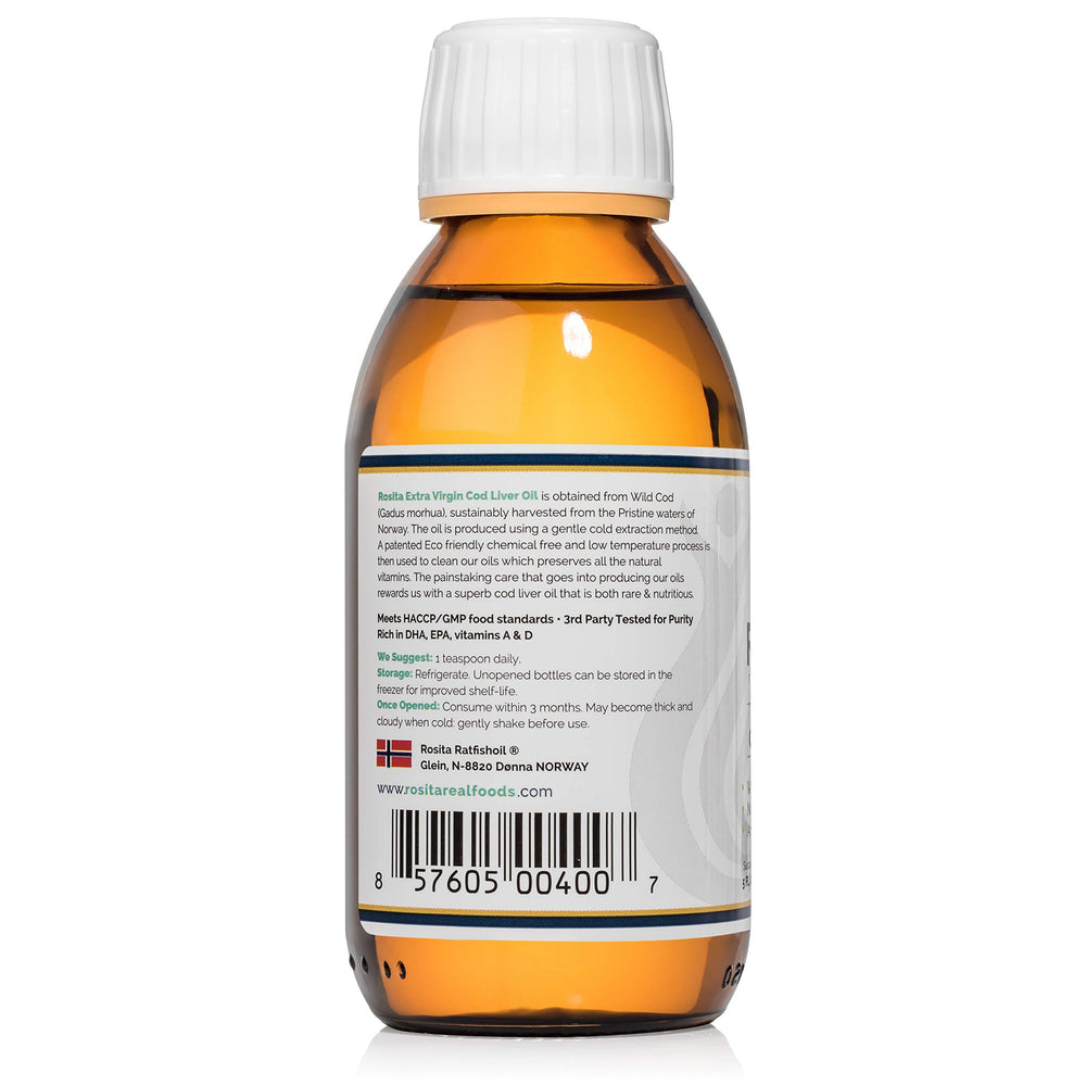 Rosita Real Foods cod liver oil with spoon for family-friendly dosing.