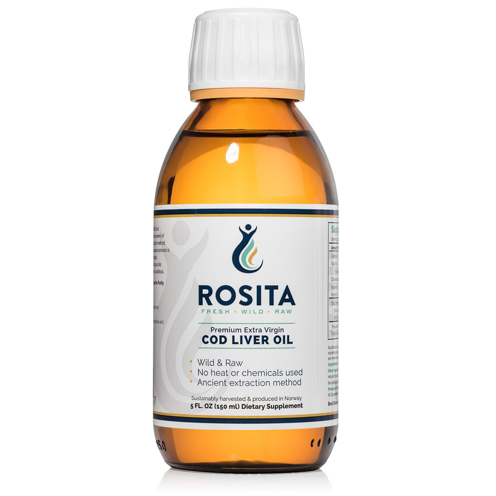 Rosita Real Foods cod liver oil pour showing pure, unprocessed nutrients.