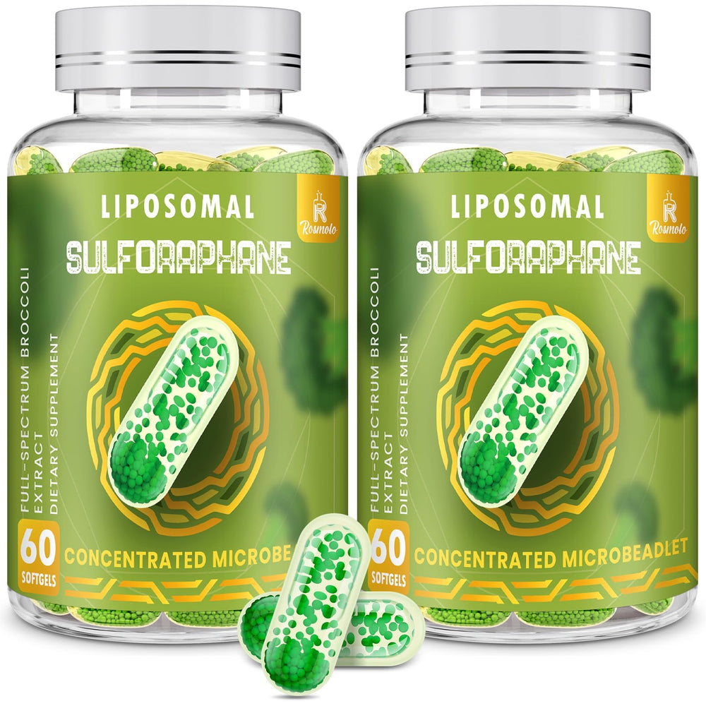 Rosmolo 800 mg liposomal sulforaphane softgels showing enhanced absorption and potency.