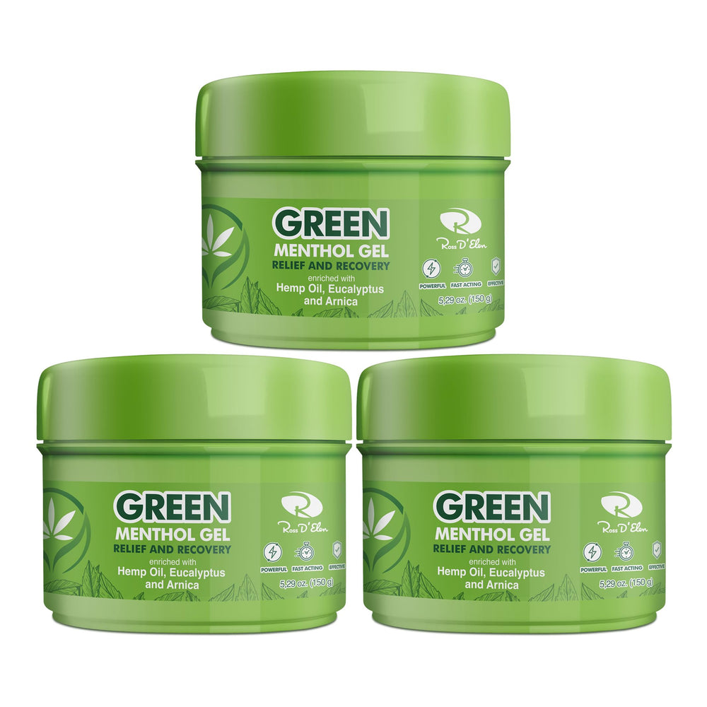 Ross D’Elen Green Menthol Gel jar front view for a refreshing, cooling sensation.