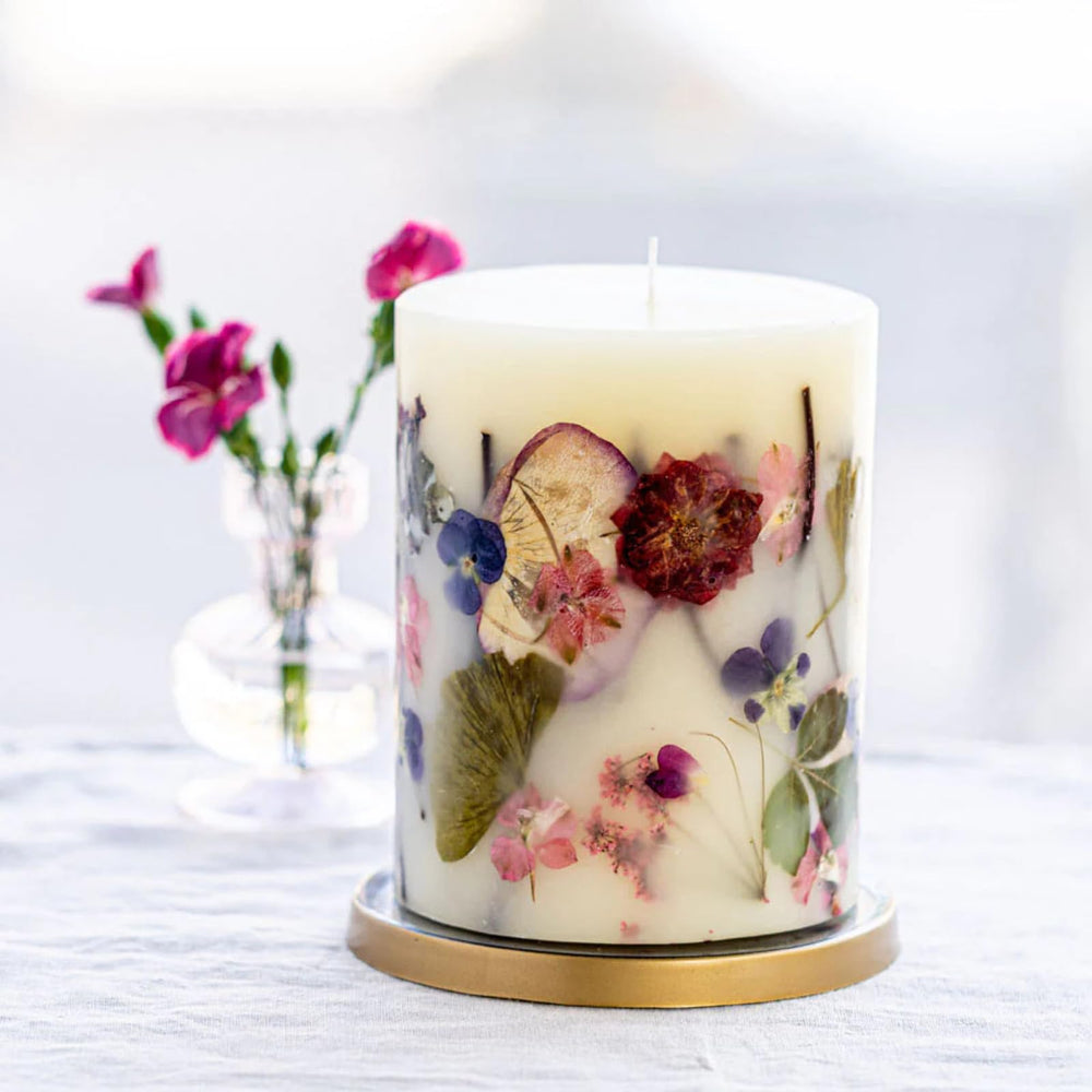 Rosy Rings Blushing Rosewood Candle closeup with botanicals for luxe ambience