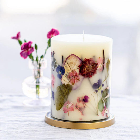 Rosy Rings Blushing Rosewood Candle closeup with botanicals for luxe ambience