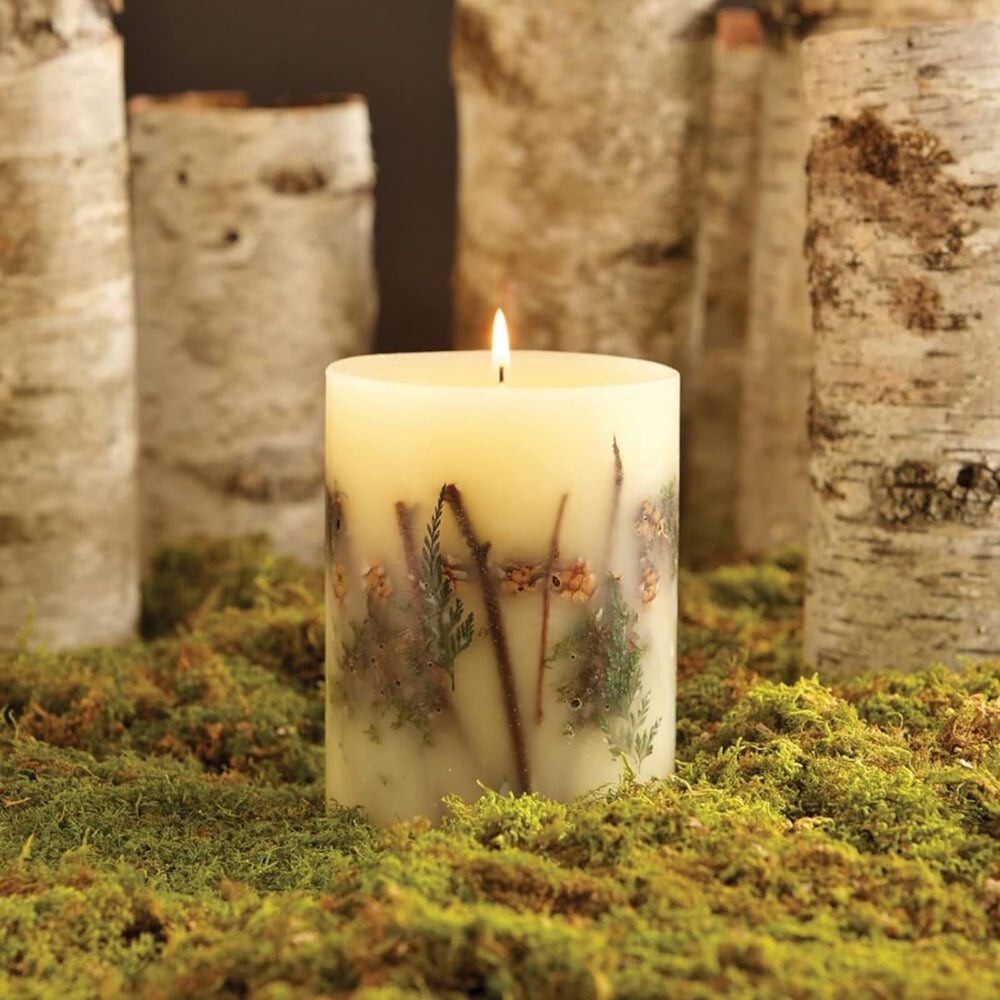 Rosy Rings Forest Round Candle closeup reveals natural wax texture and botanicals.