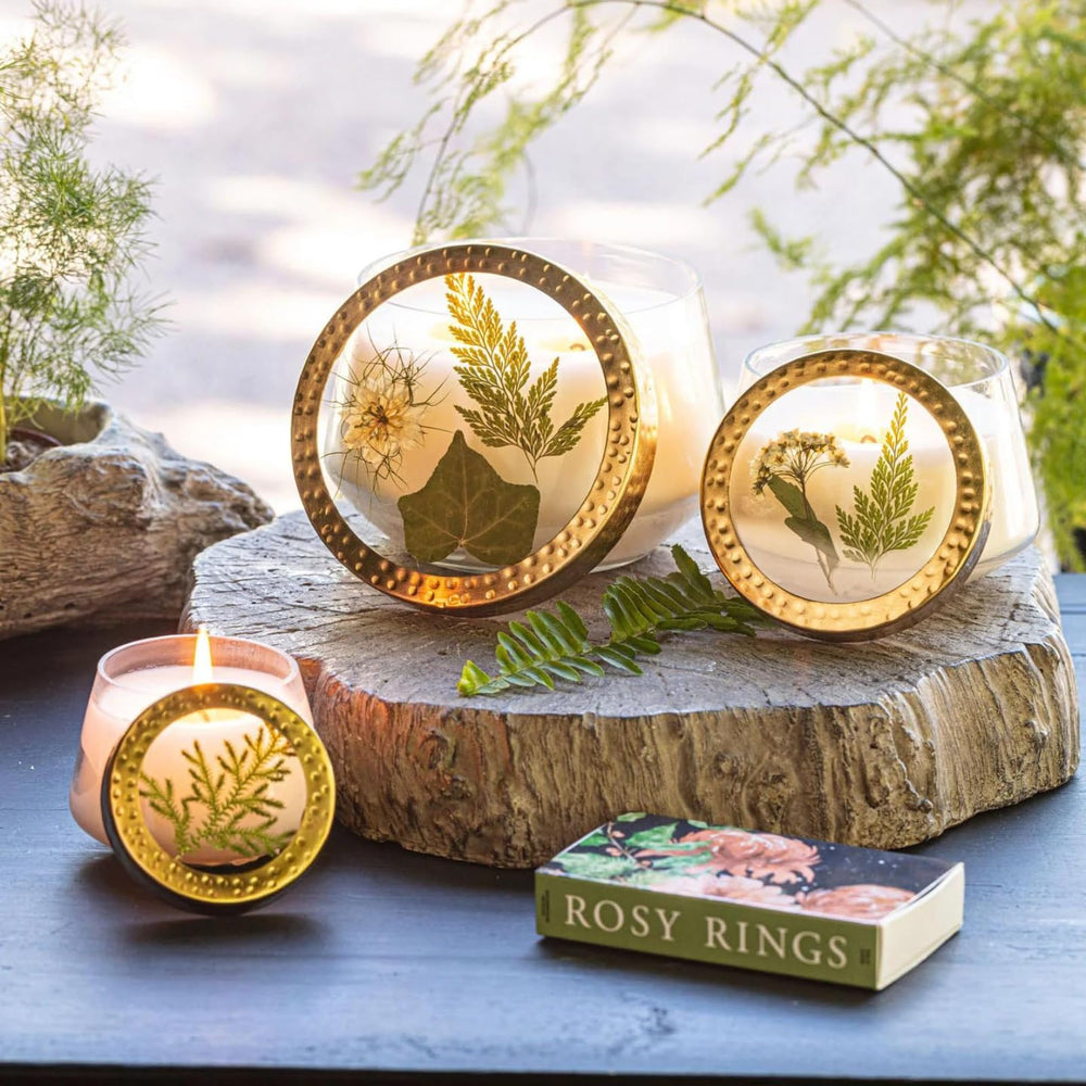 Rosy Rings pressed floral candle glass pane design for a chic forest-inspired décor accent.