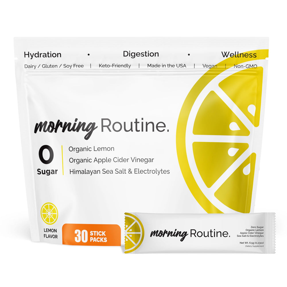 Routine Morning Hydration lemon-acv packets dissolving in water for refreshing energy