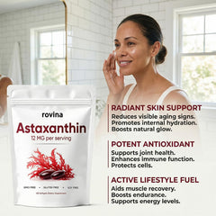 Graphic showing ROVINA Astaxanthin skin and eye benefits for radiant routine