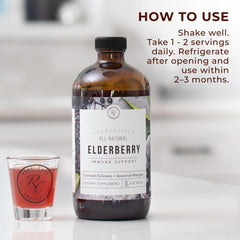 Rowe Casa Organics Elderberry Syrup bottle with family-friendly dosing for adults.