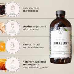 Rowe Casa Organics Elderberry Syrup label close-up on organic ingredients.