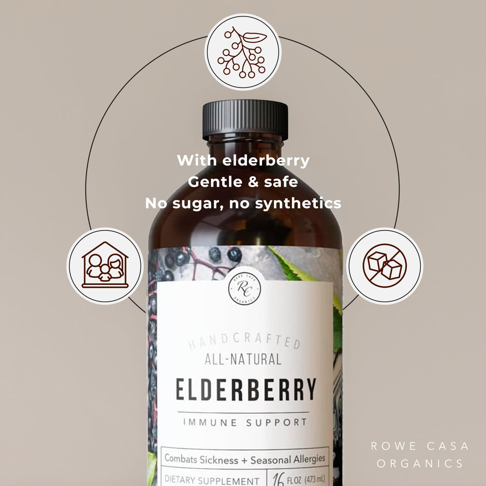 Rowe Casa Organics Elderberry Syrup pour showing easy dosing for kids.