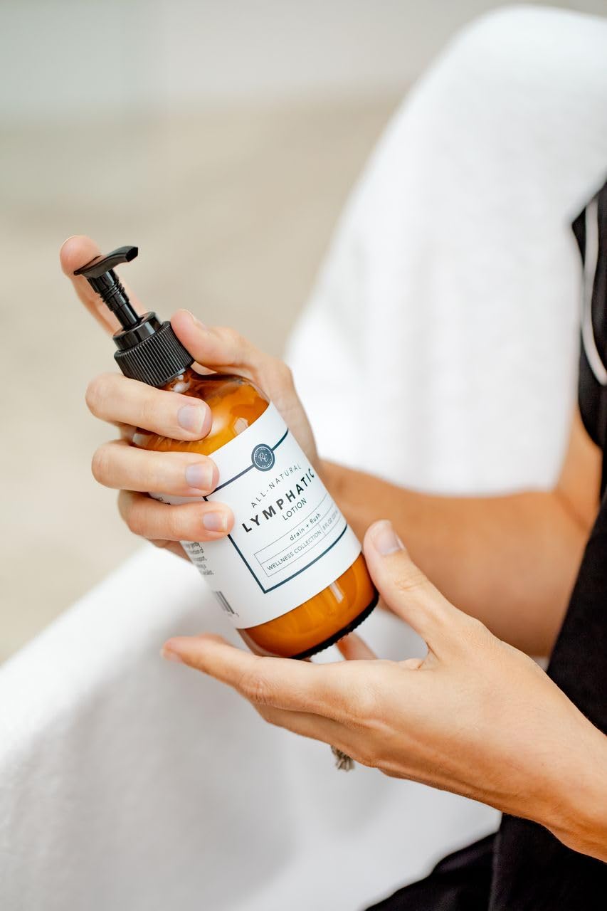 Hands apply Rowe Casa Organics Lymphatic Lotion to the arm for fluid movement support.
