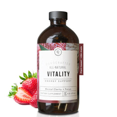Rowe Casa Vitality Energy bottle on desk, providing natural energy support for focus.