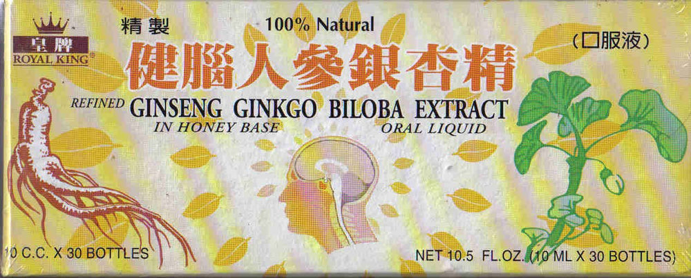 Royal King ginseng-ginkgo extract oral liquid bottle on display, honey-based flavor ideal for daily routine.