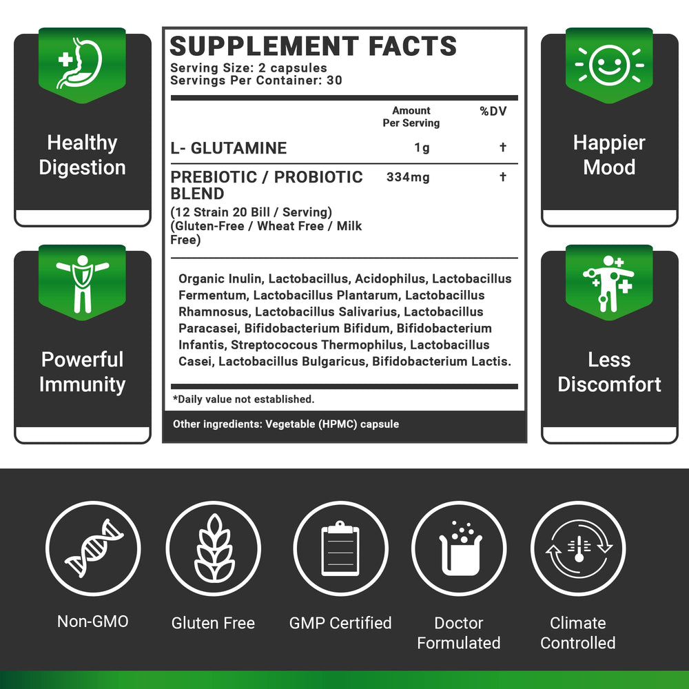Label close-up emphasizing organic prebiotic and L-Glutamine ingredients in Omissandi Rebalance.