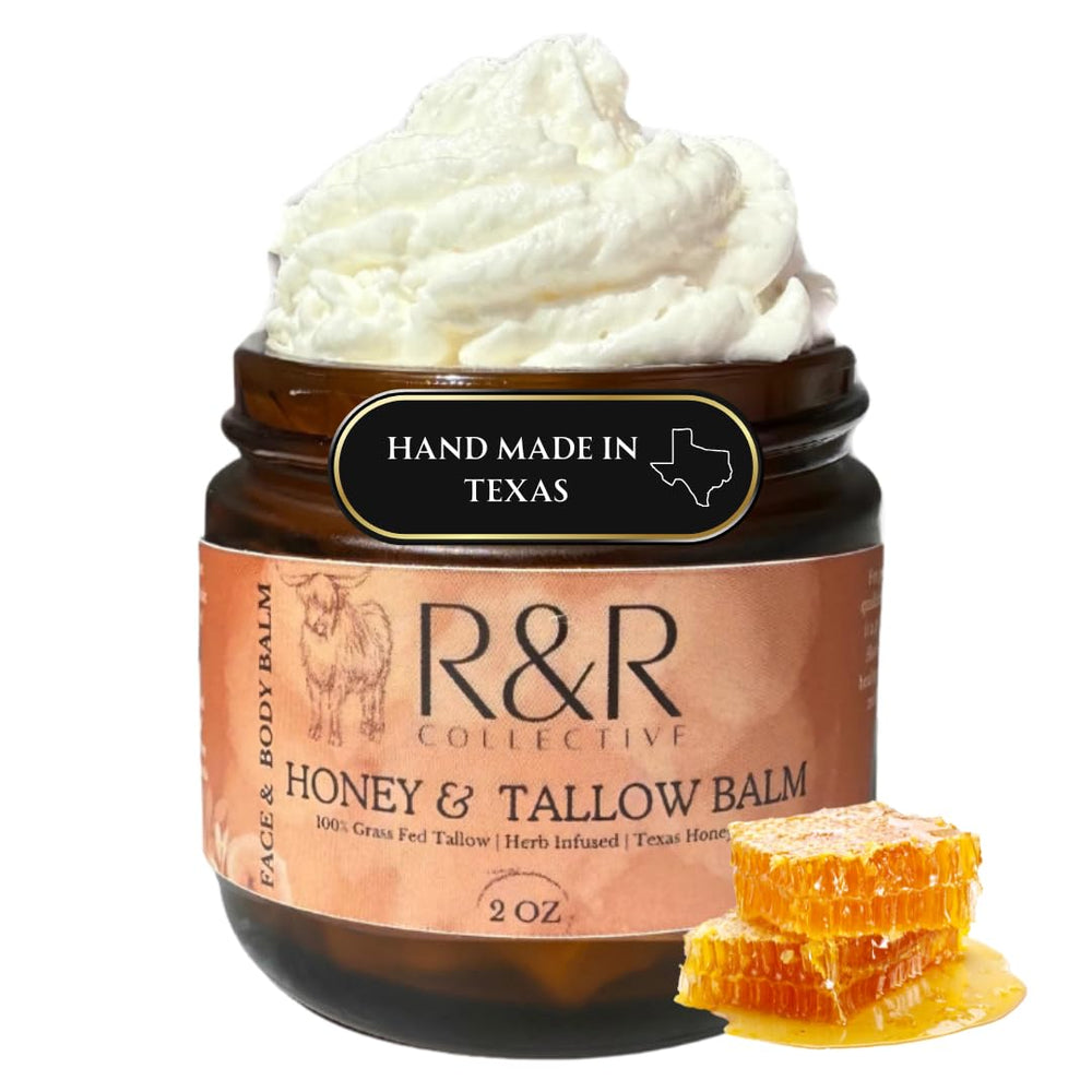R&R Collective honey and tallow balm jar closeup showing whipped texture for nourishment.