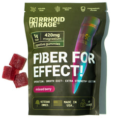Rrhoid Rage fiber gummies bottle front with mixed berry flavor for daily gut support