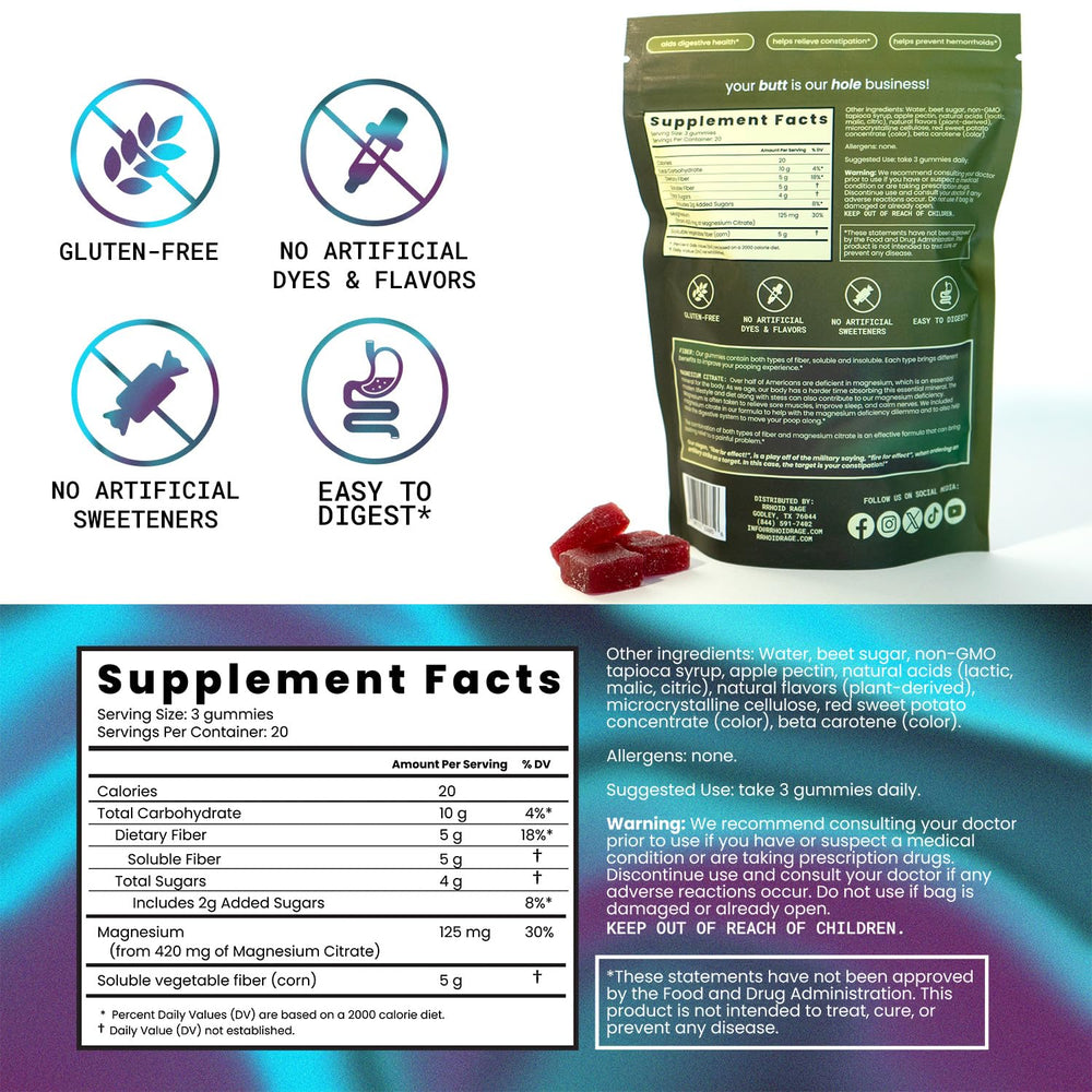 Rrhoid Rage fiber gummies nutrition facts panel highlights magnesium citrate and fiber benefits