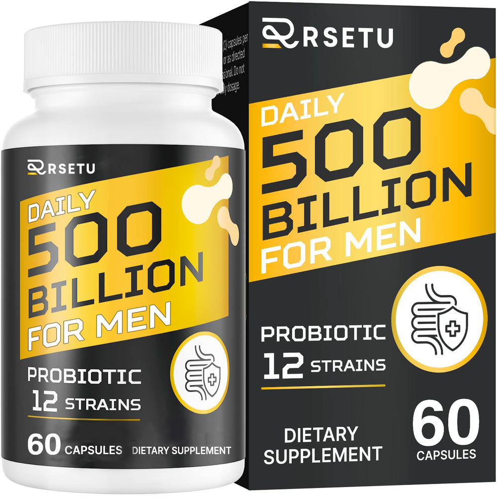 RSETU Probiotics for Men bottle with 500B CFUs supports daily gut health.