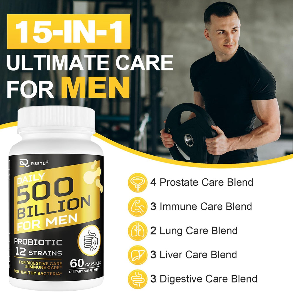 RSETU Probiotics for Men bottle on kitchen counter ready for daily use.