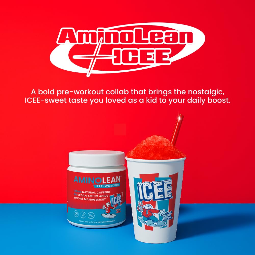 AminoLean ICEE cherry label emphasizing zero sugar and vegan-friendly formula