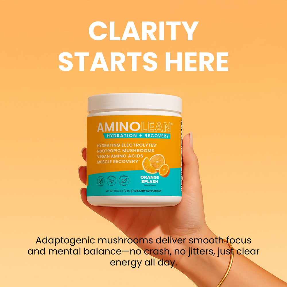 Shaker with AminoLean label demonstrates instant mix for workouts.