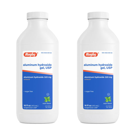 Rugby Laboratories aluminum hydroxide gel bottle 16oz ready for on-the-go heartburn relief.