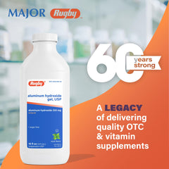 Rugby Laboratories aluminum hydroxide gel label front highlighting mint flavor and dosing.