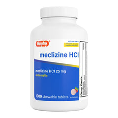 Rugby Laboratories Meclizine 25mg chewable bottle close-up, convenient travel relief.