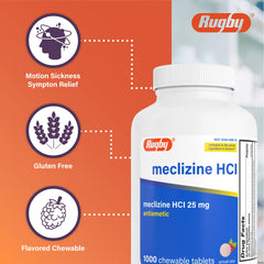Rugby Laboratories Meclizine 25mg chewables, take-before-travel for potential motion comfort.