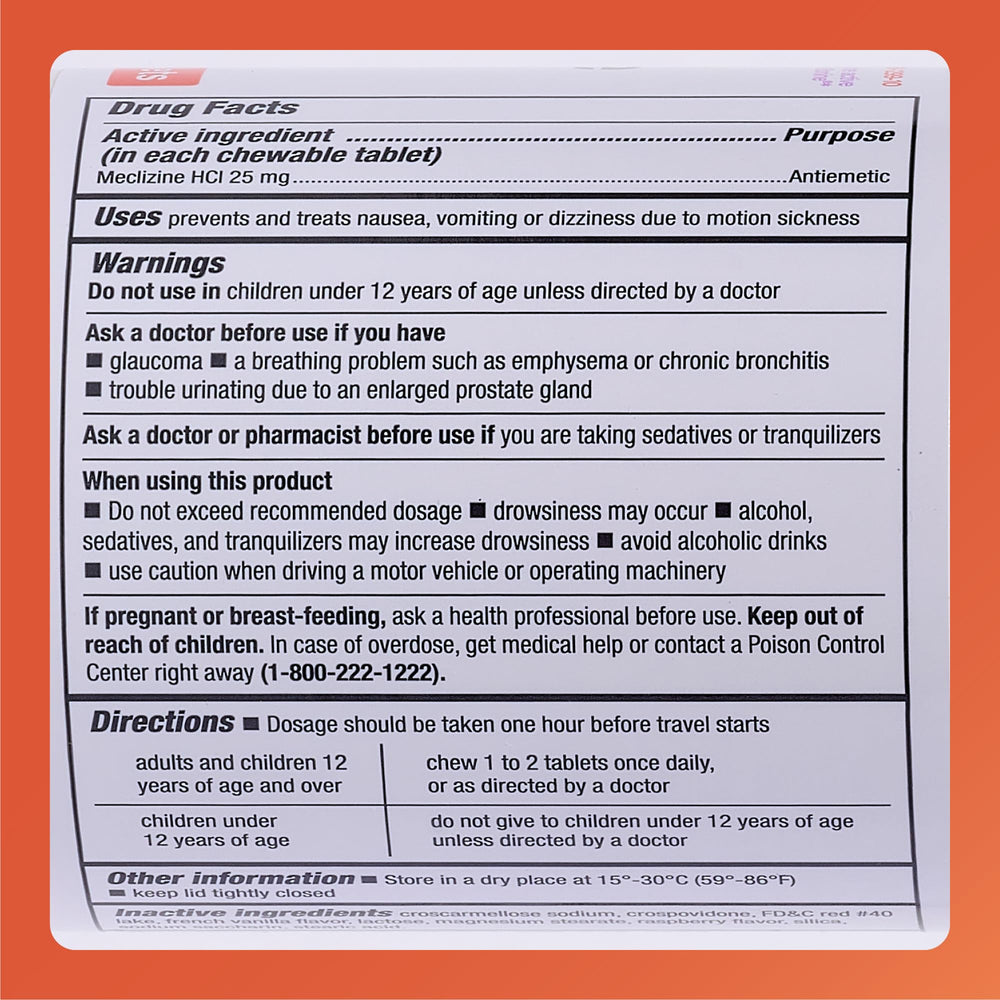 Pleasant-tasting Rugby Laboratories Meclizine chewables for easy on-the-go relief.