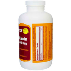 Rugby Laboratories Niacin 500mg bottle label showing dosage and safety guidance.