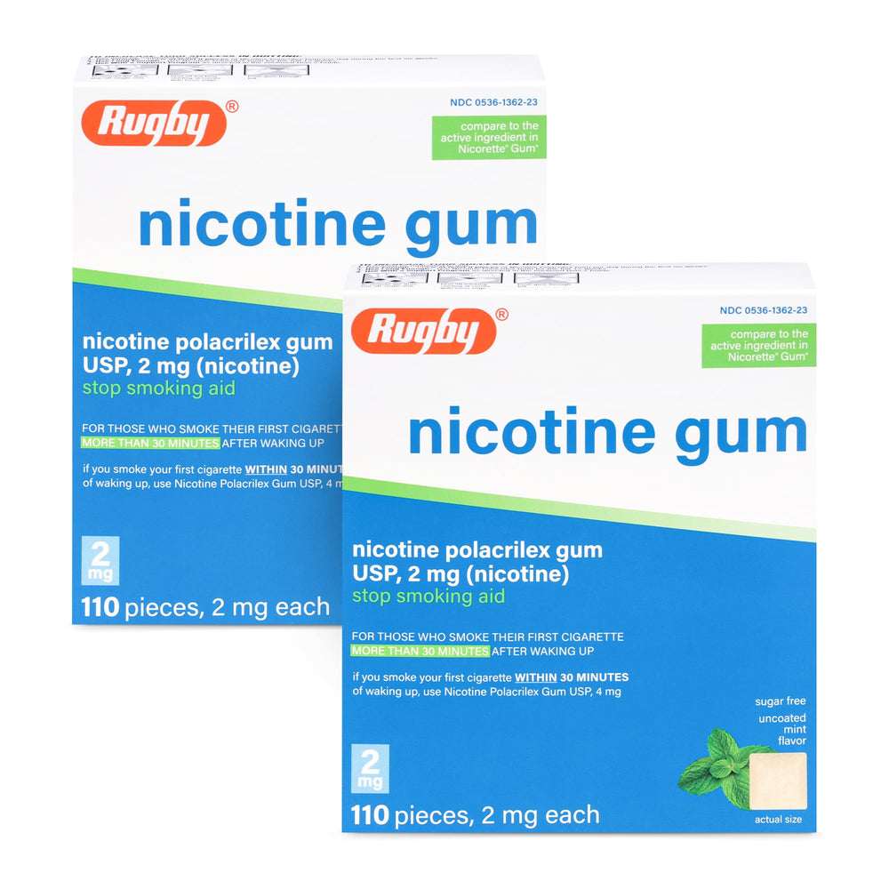 Rugby Laboratories nicotine gum 2mg mint pack helps curb cravings discreetly.