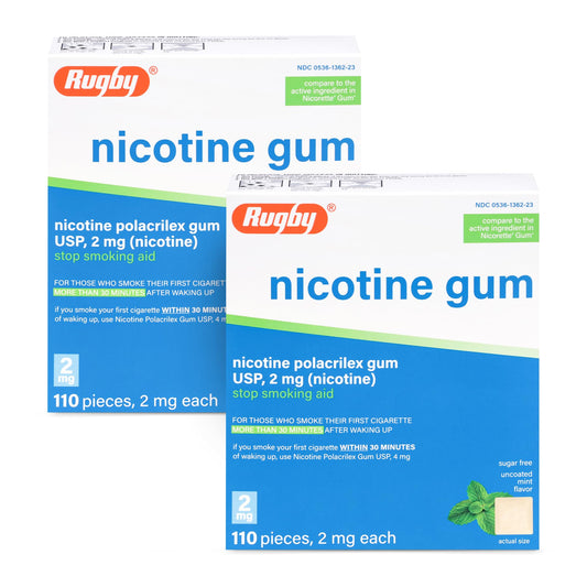 Rugby Laboratories nicotine gum 2mg mint pack helps curb cravings discreetly.