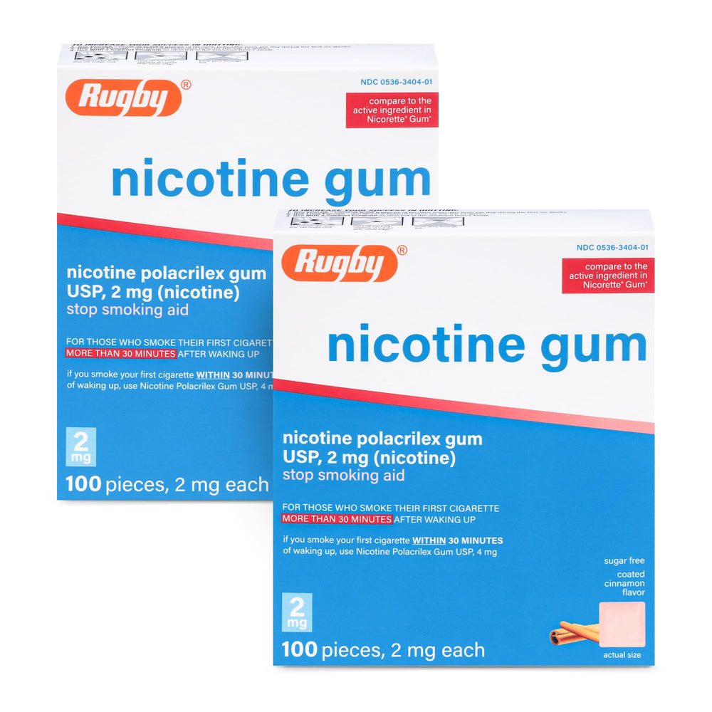 Rugby Laboratories polacrilex 2mg nicotine gum cinnamon 100-count box, helps manage cravings discreetly.