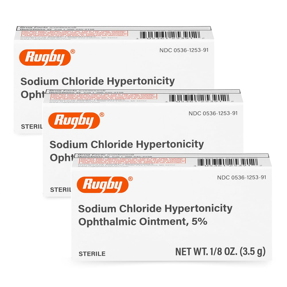 Rugby Laboratories sodium chloride ophthalmic ointment bottle close-up with 5% formula for temporary eye relief.