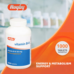 Rugby Vitamin B6 tablets back label - gluten-free formula supports daily wellness.