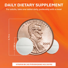 Rugby Vitamin B6 tablets front label - compact bottle for easy daily use.