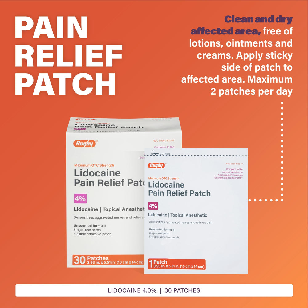 Rugby Lidocaine patch back label closeup with usage notes