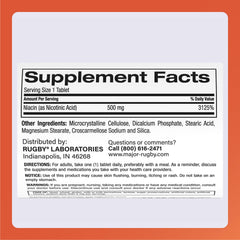 Rugby Niacin 500mg bottle on a clean counter