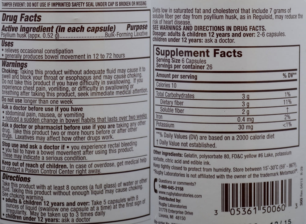 Reguloid bottle back showing dosage guidance for consistent daily use