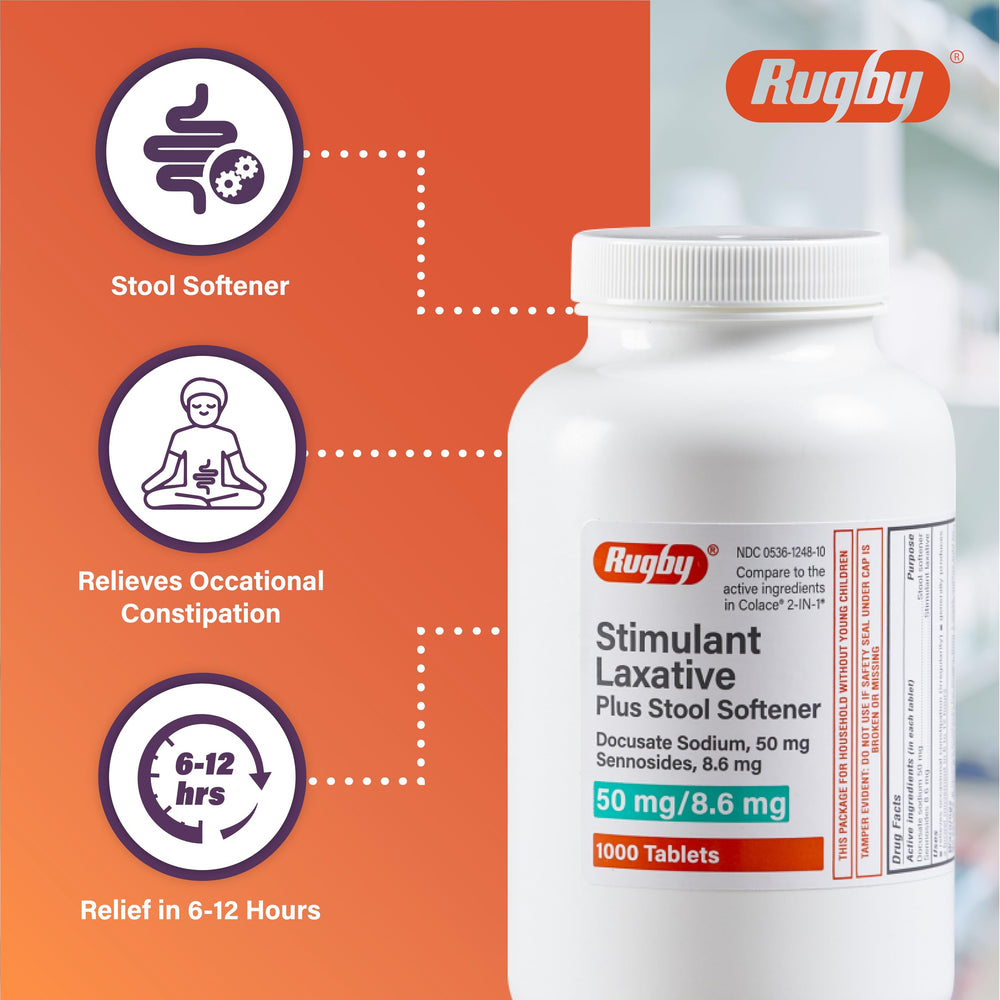 Rugby Stimulant Laxative Plus dosage guidance graphic illustrating daily use options.