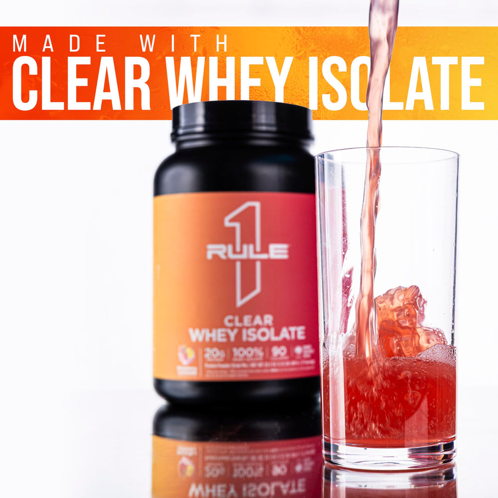 Rule 1 Clear Whey Isolate mixing bottle shows easy blending and a refreshing flavor.