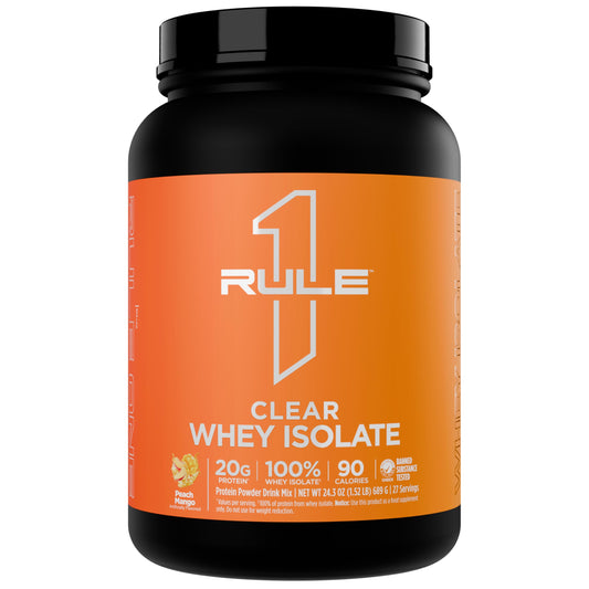 Rule 1 Clear Whey Isolate peach mango powder for post-workout protein with zero sugar.
