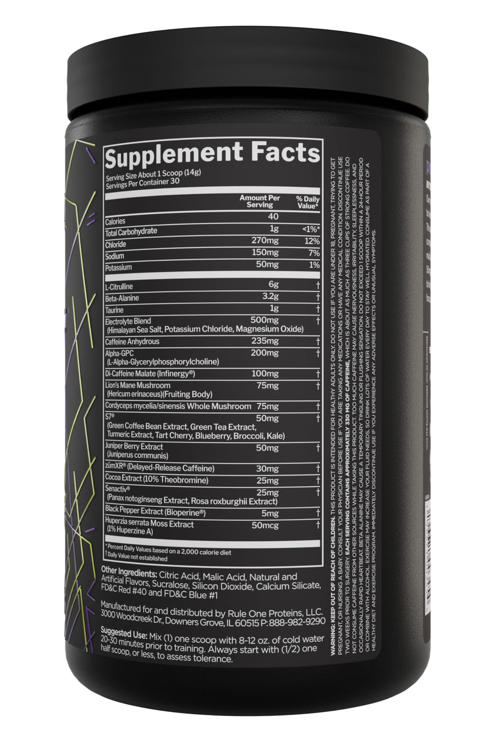 Rule 1 preLIFT acai berry powder tub emphasizes flavor and potency.