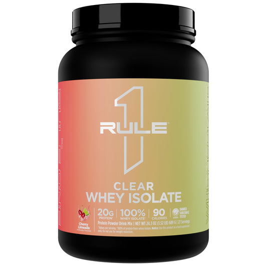 Rule 1 Proteins Clear Whey Isolate bottle shows crisp cherry lime flavor for post-workout refreshment.